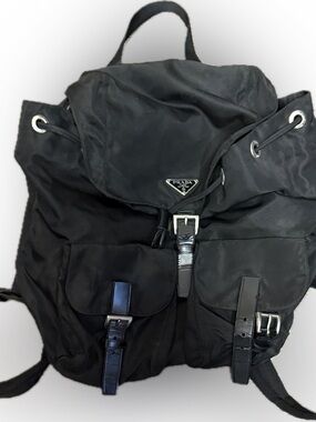 Prada Black Nylon Tessuto Backpack w/ Front Buckle Pockets - Authentic
